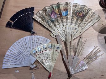 A Group Of 5  Antique Fans, Bone, Mother Of Pearl,