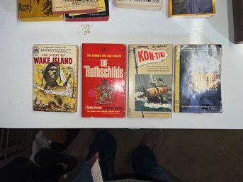 Group Of 4 Mid Century Paperbacks  Including Microbe Hunters,  The Story Of Wake Island , Kon Tiki And The Rot