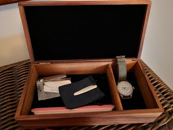 Cherrywood Jewelry Box Including Timex Watch, Small Pocket Knife, Collar Stays And Wallet