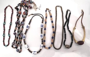 Group Of 7 Various Necklaces Hand Blown Glass And Beads Etc