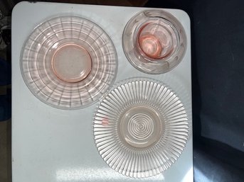 Group Of Three Pink Depression Glass Serving Pieces