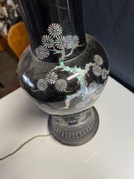 Fabulous 1950's Black Lacquer Table Lamp With Mother Of Pearl Inlaid Asian Floral