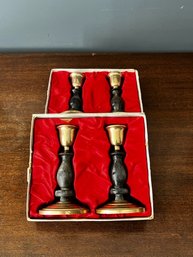 Vintage 2 Pairs Of Candlesticks Brass And Wood In Original Boxes Made In Hong Kong