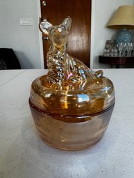 Marigold Carnival Glass Scottie Dog Jeannette Glass Iridescent 1950s Vintage Powder Box