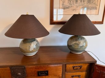 Pair Of Hand Made Ceramic Lamps With Chocolate Shades