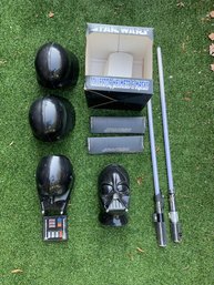 Vintage Star Wars Helmets And Masks, 2 Light Sabres & Mounts, One Original Box For Helmut