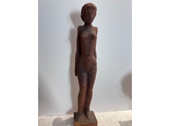 A Carved Wooden Sculpture Of A Woman Approx 18' Tall By Florian Rachelski