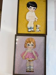 A Pair Of Antique 1930's Ribbon Dolls In Original Frames, One Missing Glass