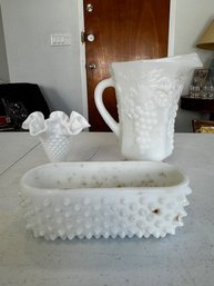 A Group Of Hobnail Milk Glass Pitcher, Planter And Ruffle Vase