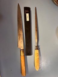 Asian Carved Handles, Knife And Sharpening Tool