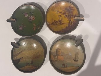 A Group Of 4 Made In France Hand Painted On Brass, Ashtrays