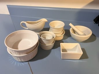 Group Of Corning, Gravy Boat, Carafes, Ceramics, Etc