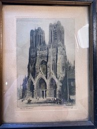 Framed Antique Etching Of  Rheims Cathedral  Approx 7 X 9