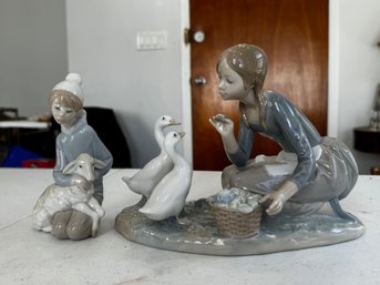 Two Iladro Figurines Feeding The Ducks And Shepherd With Lamb