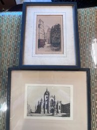A Pair Of European Antique Etchings Signed  Approx 7 X 9'