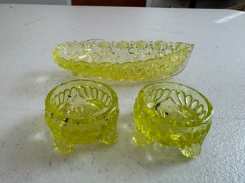 A Group Of 3 Citrine Glass Cells And Oval Dish