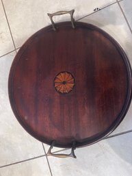 A 12' Round Inlaid Mahogany Tray With Brass Handles