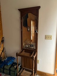 Antique Oak Hall Tree Beveled Mirror With Original Hardware ~ Great Size, Place For Keys Etc