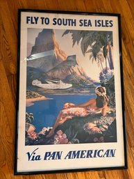 Vintage Pan Am Poster Travel To South Sea Isles Via Pan Am ~ Framed In Hawaii Approx 24 X 36