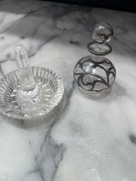Vintage Glass Ring Holder And Silver Overlay Perfume Bottle Approx 3' Tall