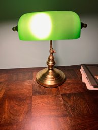 Green Glass Shade On Brass Base Desk Lamp