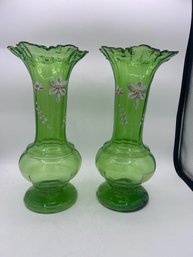 An Exquisite Pair Of Bohemian Hand Painted And Hand Blown Green Glass Vases