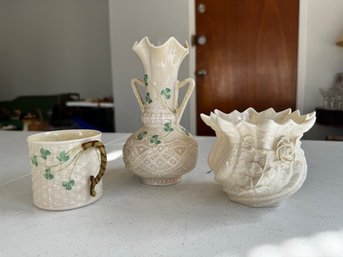 A Group Of Belleek Porcelain Including 2 Vases And Mug
