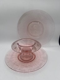 A Group Of Three Pink Depression Glass ~ Cake Plate And Shrimp Bowl With Plate LOVELY!