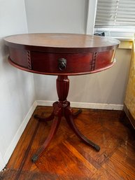 Mahogany Round Pedestal Side Table With Lion Pull On Drawer Duncan Phyfe Style 24'd X 28' H