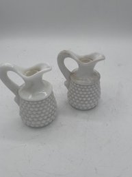 A Pair Of Hobnail Milk Glass Miniature Pitchers