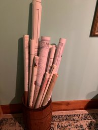 Large Group Of Sailing Maps Etc In Vintage Barrel