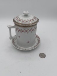 Porcelain Covered Tea Cup Attached Saucer Made In Carlsbad Austria
