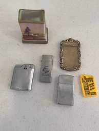 A Group  Of Vintage Lighters Ronson, Zippo And A Hand Panted Match Holder Nippon