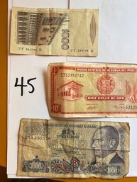 Group Of Three Foreign Money Bills Turkey, Peru, Italy