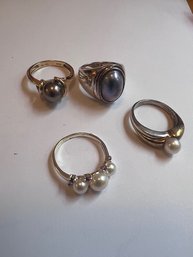 Exquisite Group Of Sterling Silver And Gemstone Rings, Pearls Black And White!