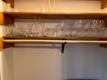 Full Shelf Of Glassware, Champagne Flutes, Wine, Beer, Shot, Water Goblets Etc