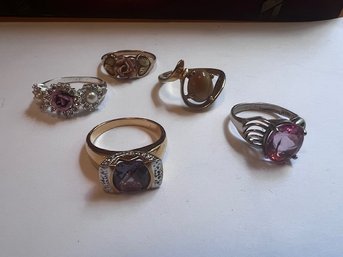 Group Of 5 Roses, Tiger Eye, Amethyst Rings Gold Tone Over Sterling