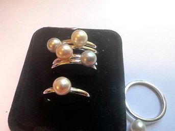 6 Solitaire Pearl And Sterling Silver Rings Size 8 And 9