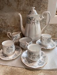 A Royal Albert Silver Maple Coffee/tea Set With Creamer Sugar And 3 Cups And Saucers