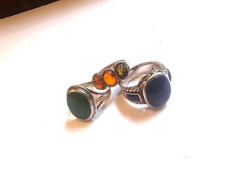 3 Sterling Silver  Lapis, Malachite And Amber Rings