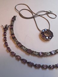 Exceptional Group Of Amethyst And Sterling Silver 2 Bracelets And Necklace