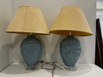 A Pair Of 1970's Light Blue Embossed Calla Lillies  Lamps With Shades