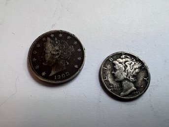 A 1943 Mercury Dime And A 1908 Barber Half Dollar Coin