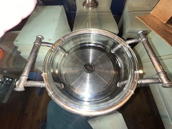 A Bamboo Silver Plated Round Casserole Dish With Glass Insert By Maurice Duchin With Original Box