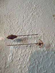 2 Vintage Hat Pins Garnet And Amethyst Gold Untested