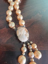 Stunning Antique Cameo Faux Pearl Set In Sterling Silver Necklace
