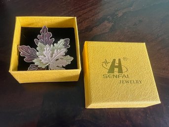 A Senfai Jewelry Enamel Leaf Pin In Orignal Box