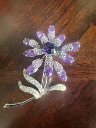 Exquisite Swarovski Floral Pin Clear And Amethyst Colored Stones