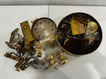 A Tin Full Of Door Knobs, Hinges, Brass Parts, Clock Parts Etc!