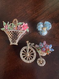 Great Group Of Pins, Basket Of Cheer, Pansy And Tricycle With Flowers